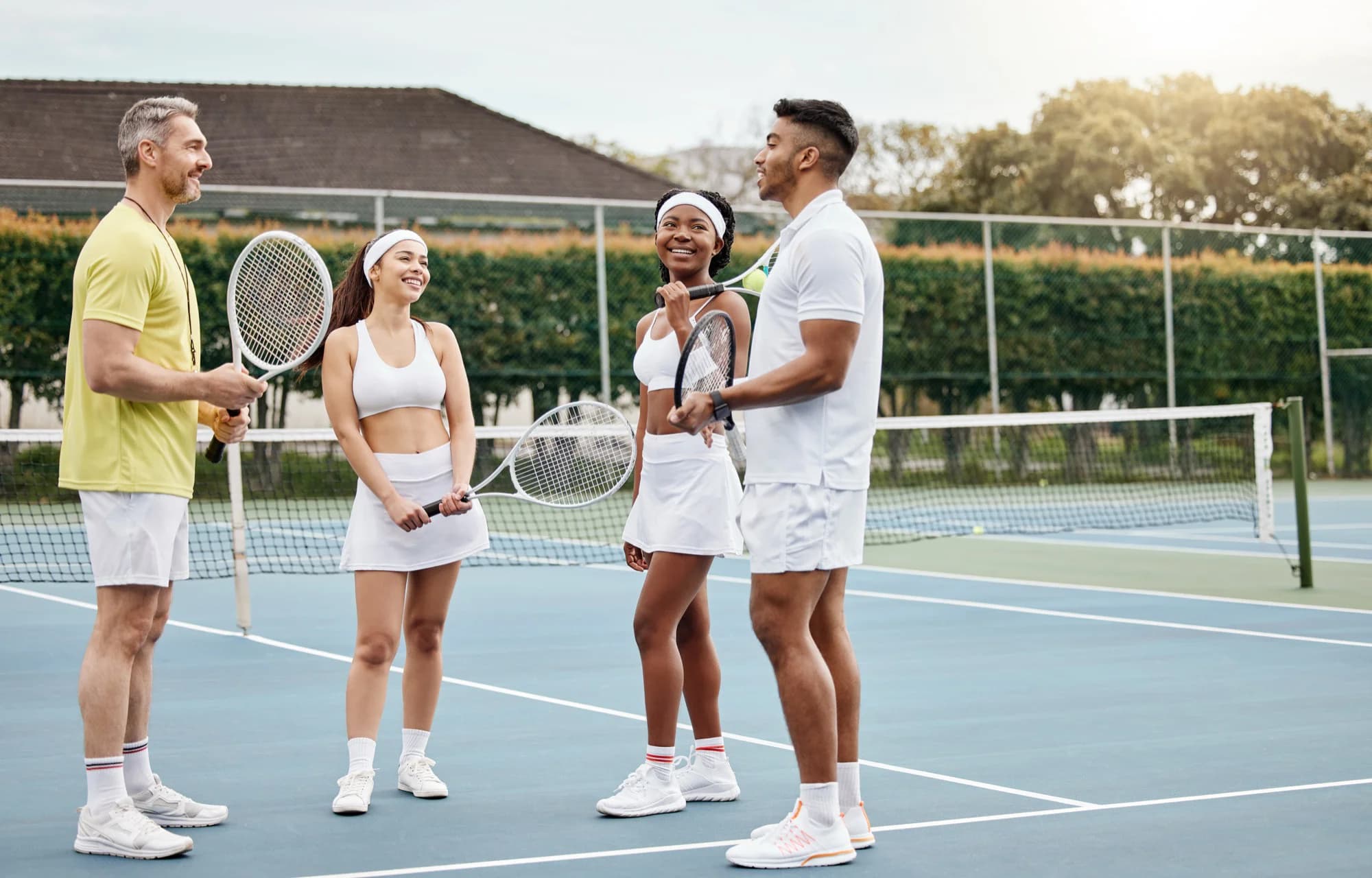Tennis players chatting at the court